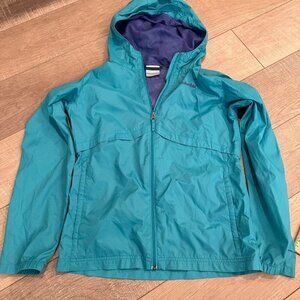 COLUMBIA GIRLS TEAL BLUE WINDBREAKER HOODED JACKET LARGE 14/16